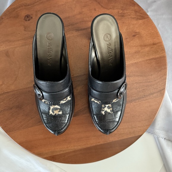 Bella Vita Black Leather Leopard Print Embossed Retro Mules Clogs Women Size 8W - Picture 13 of 13